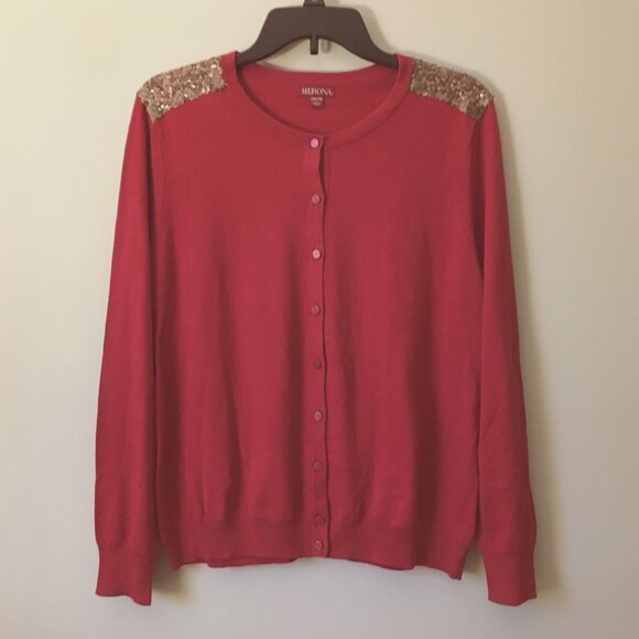 Natural Blend Merona Red with Gold Sequin Shoulders Button Down Cardigan - Picture 1 of 14